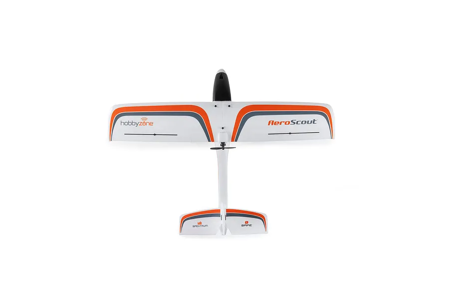 Top-down studio shot of the HobbyZone AeroScout S 2 RC airplane showing its white foam wing, orange trim, and fuselage.