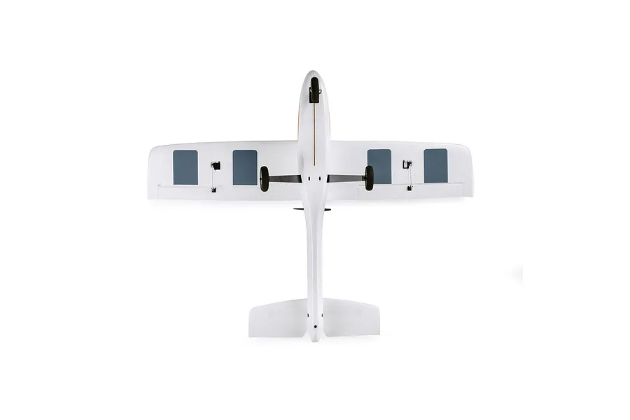 Bottom-up studio view of the HobbyZone AeroScout S 2 RC plane showing white foam wings, fuselage, landing gear, and control linkages.