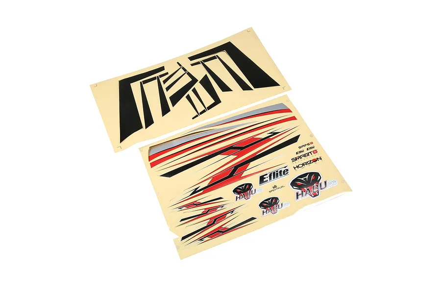 Two E-Flite Habu STS decal sheets featuring black, red, silver, and white graphics, logos, and snake eye motifs.