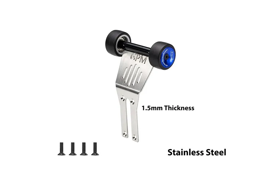 GPM stainless steel RC wheelie bar with blue aluminum wheels and four screws against a white background.