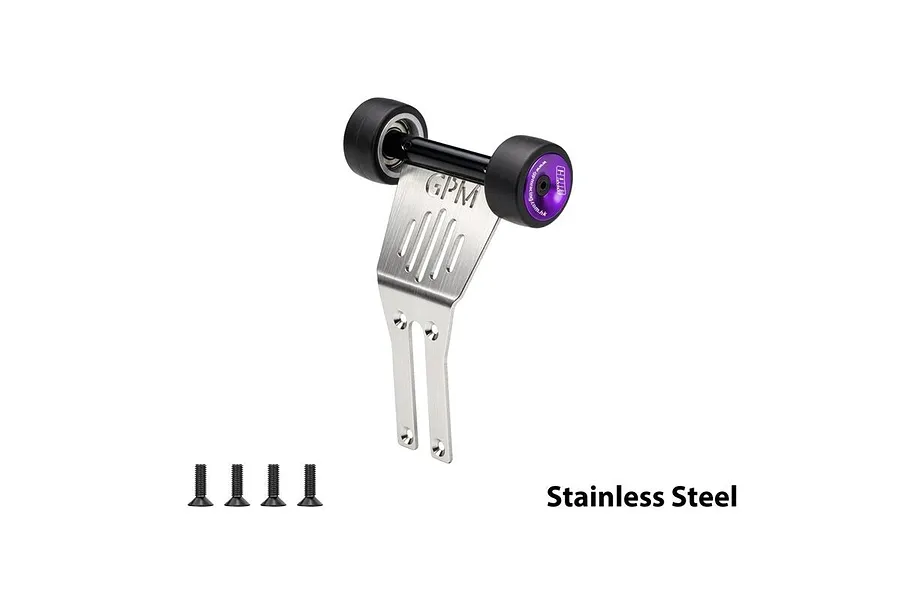 GPM stainless steel wheelie bar with purple aluminum wheels and mounting screws on a white background.
