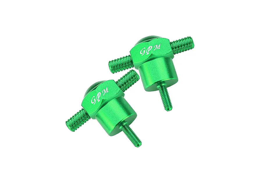 Two green anodised aluminium spare tyre locks from GPM Racing viewed against a clean white background.