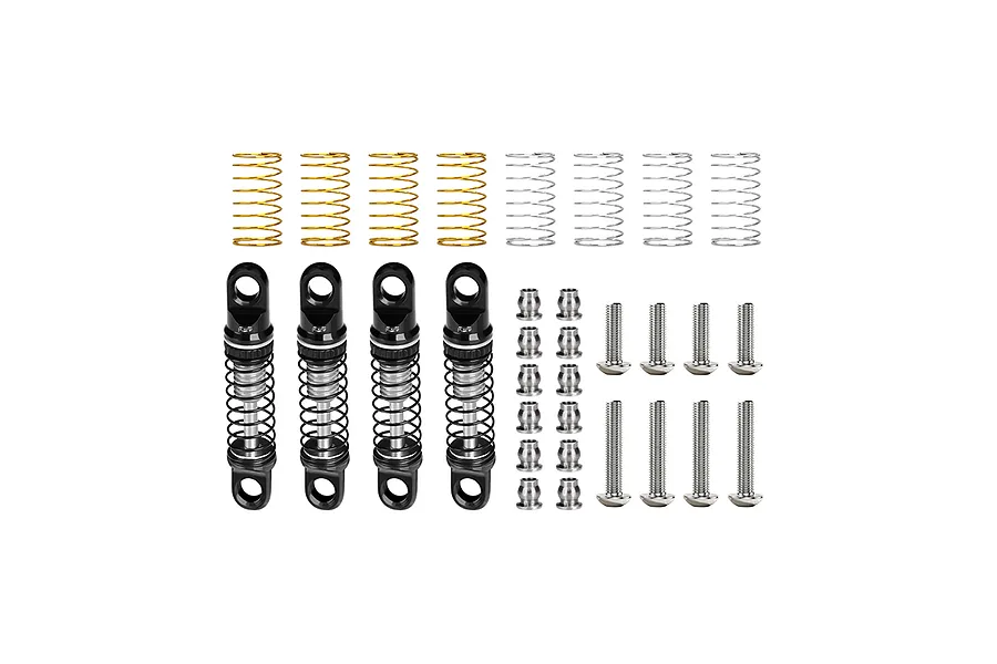 GPM Aluminium 26mm Adjustable Shocks 4Pcs in silver and black with extra springs and mounting hardware