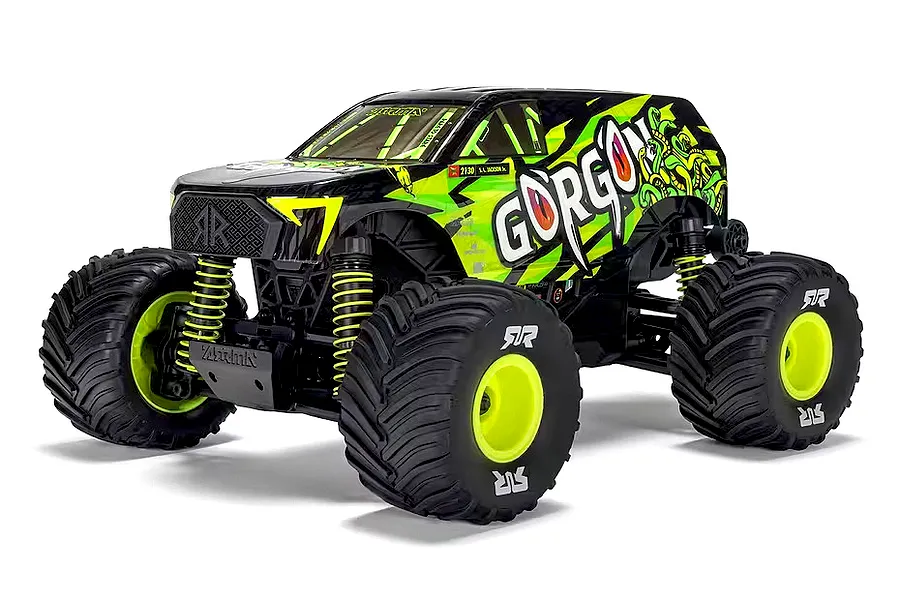 ARRMA Gorgon Grom electric 4WD RC monster truck in yellow and black against a white background.