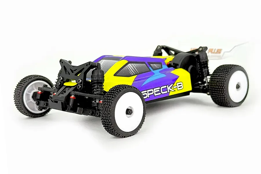 Studio product photo of the Hobby Plus Speck-B 1/24 scale 2WD RC buggy in yellow and purple with white wheels against a white background.
