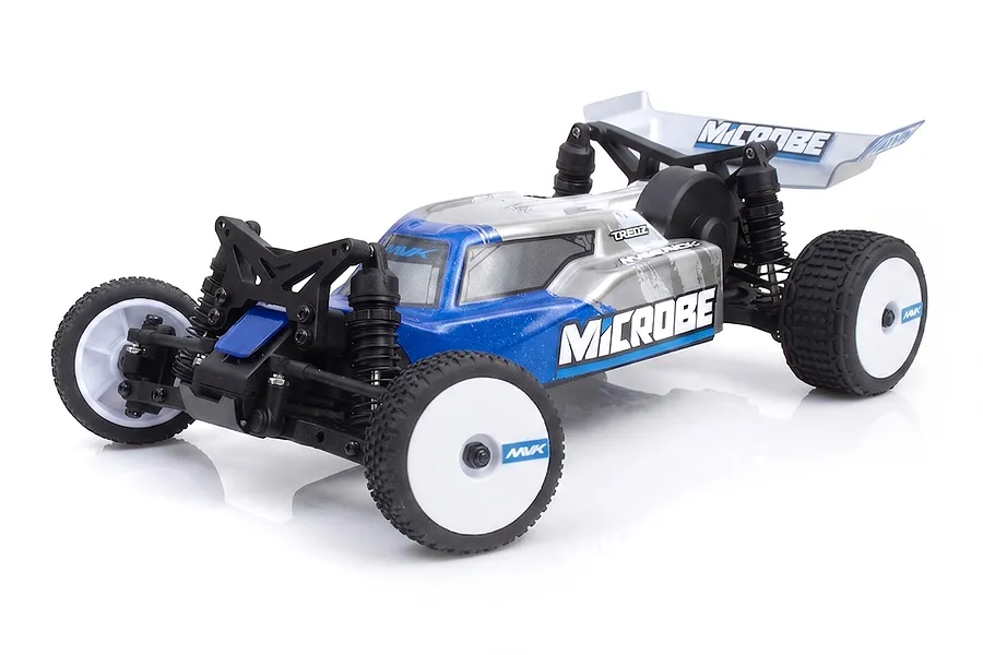 Maverick MiCROBE 1/24 scale electric 2WD RC buggy in blue and silver on a white background