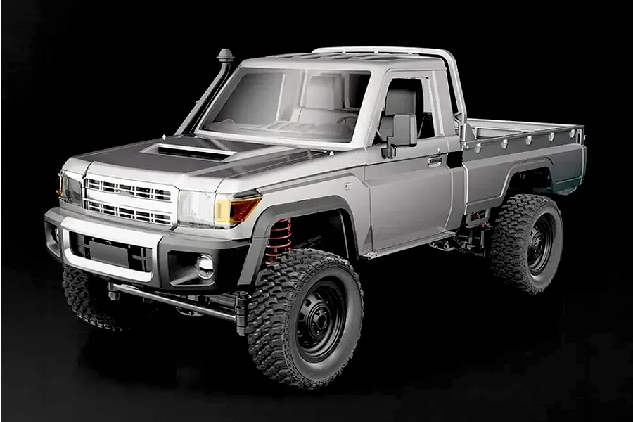 Studio shot of silver MN Model Toyota LC79 Pro RC rock crawler electric 4WD truck against a dark background.