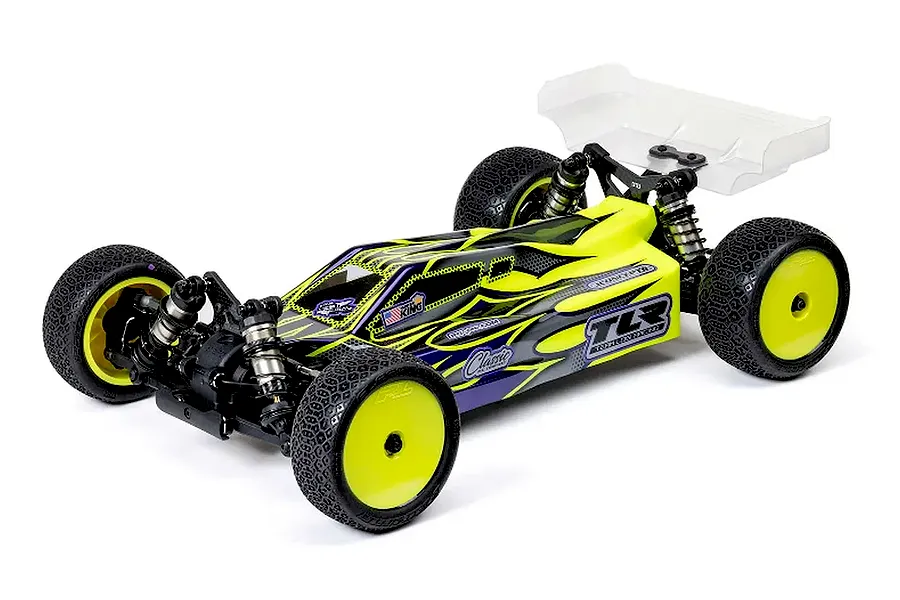 TLR 22X-4 2.0 DC 1/10 scale 4WD electric off-road RC buggy with painted body and yellow wheels on a white background.
