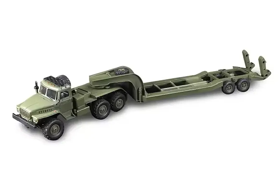 Green WPL B36-3 1/16 scale RC transporter truck with attached flatbed trailer on a white background.