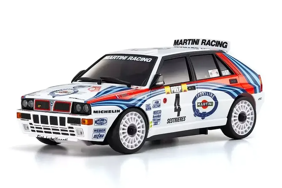 Kyosho Mini-Z MA-020 Lancia Delta RC Drift Car featuring iconic 1992 Monte Carlo Martini Racing livery.