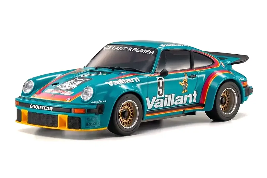 Kyosho Mini-Z MR-04 1976 Porsche 934 RSR RC car in teal Vaillant #9 livery viewed from the front right.