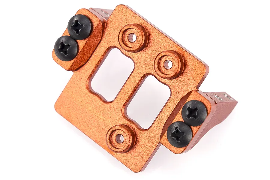An orange anodized aluminium servo mount for an HSP Kulak RC crawler, featuring black Phillips head screws, set against a plain white background.