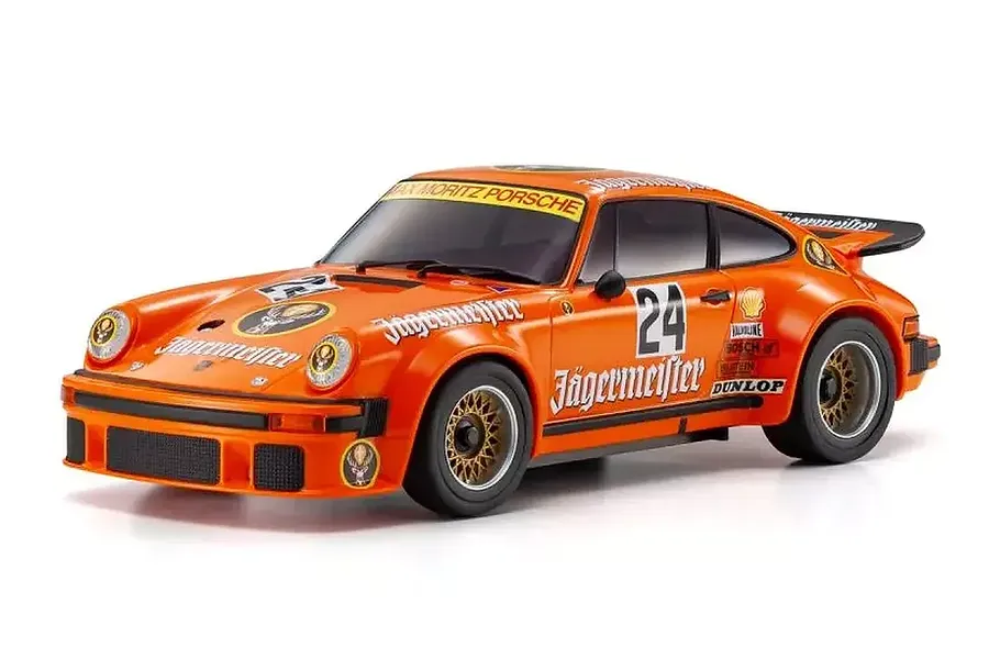 Kyosho Mini-Z MR-04 1976 Porsche 934 RSR RC car in bright orange Jägermeister livery with racing number 24 on a white background.