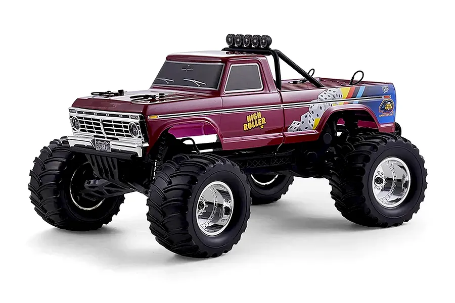 Studio shot of the FMS Ford F-100 High Roller 1/10 scale RC monster truck featuring a maroon body, massive tires, and chrome wheels.
