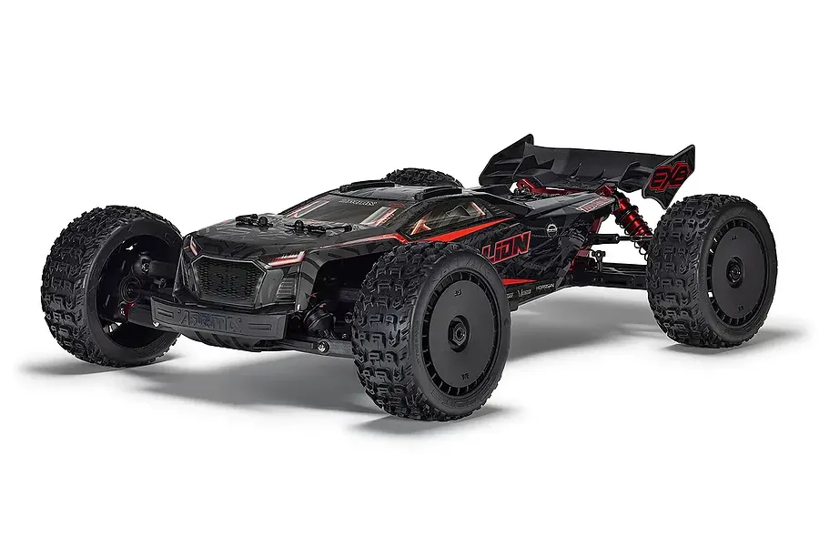 Studio shot of the ARRMA Talion 4X4 6S BLX RC truggy in black with red accents, viewed from a low front-three-quarter angle.