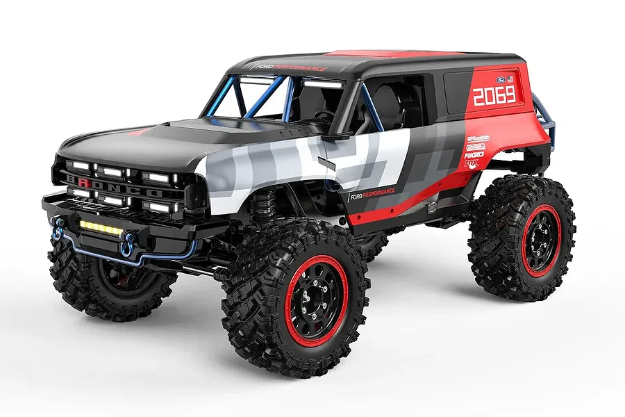 Studio product photo of the MJX RC Hyper Go Ford Bronco R Baja1000 1/12 scale RC rock crawler featuring a black, white, and red livery.