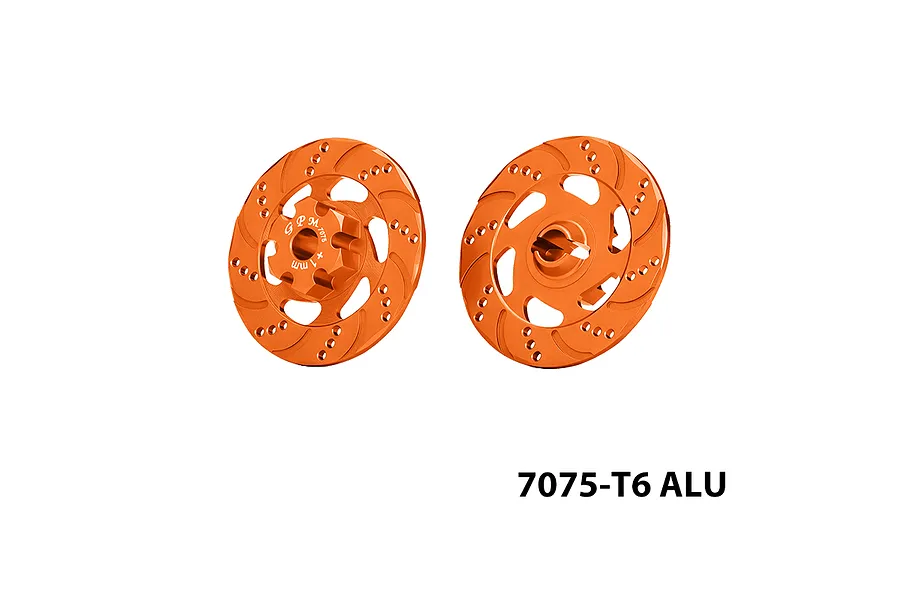 Two orange anodised aluminium brake disc wheel hexes shown from front and rear angles against a plain white background.