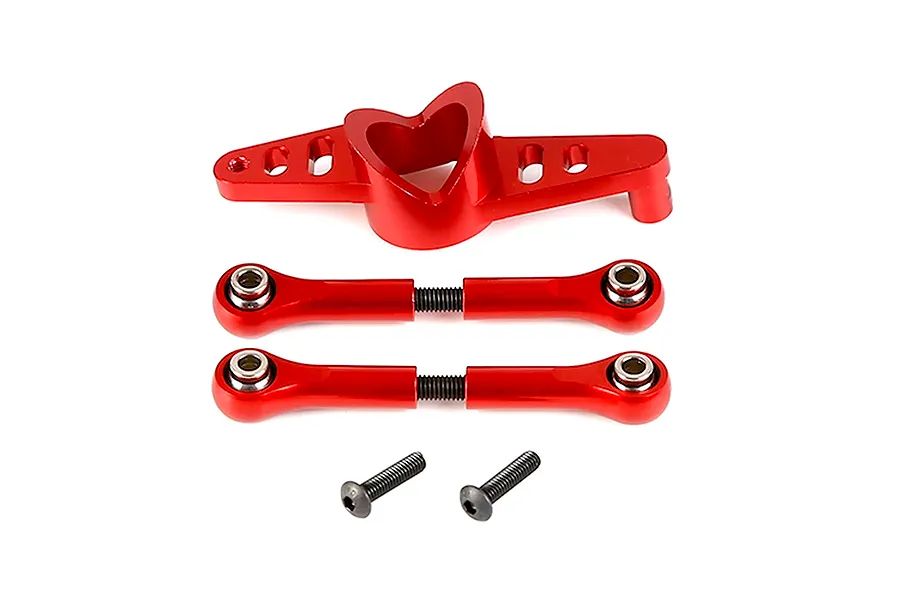 Rovan red aluminium dual steering mounts set including servo horn, two turnbuckle rods with ball ends, and mounting screws on a white background.