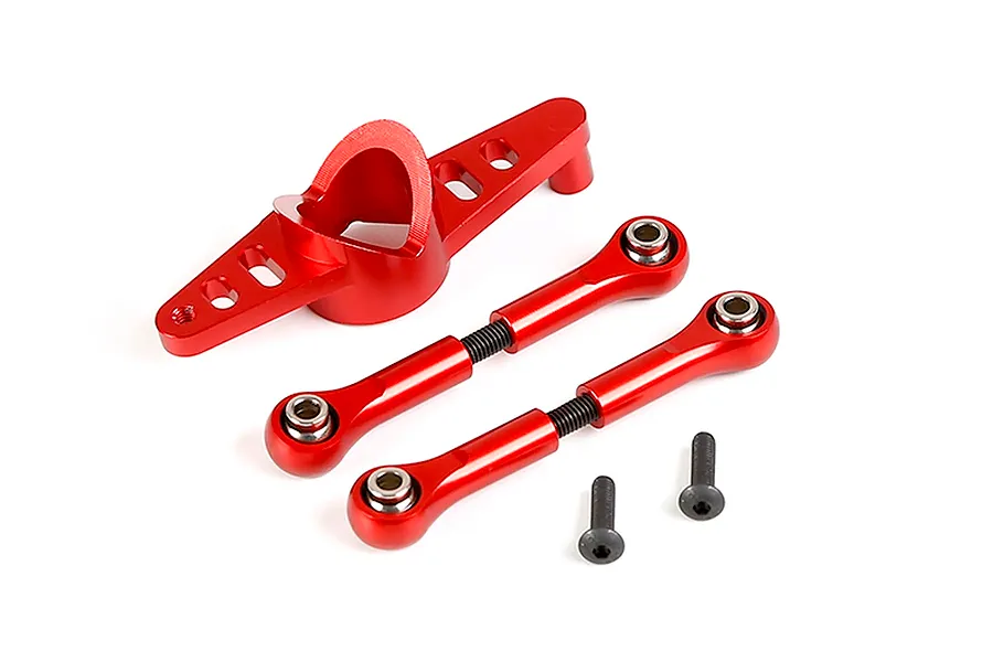 Rovan red aluminium dual steering mounts set including linkage arms and screws on a white background