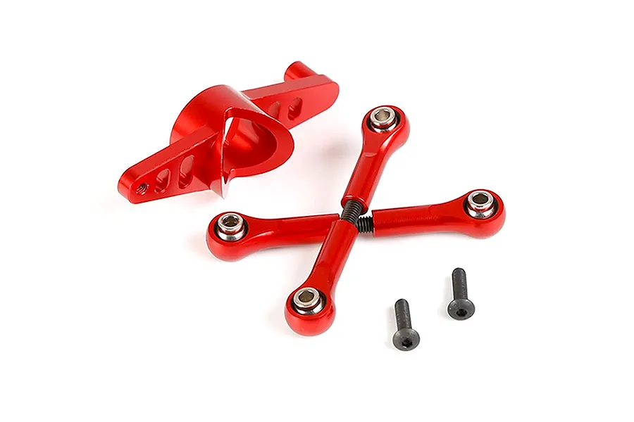 Rovan red aluminium dual steering mounts and linkage set with hardware against a plain white background.