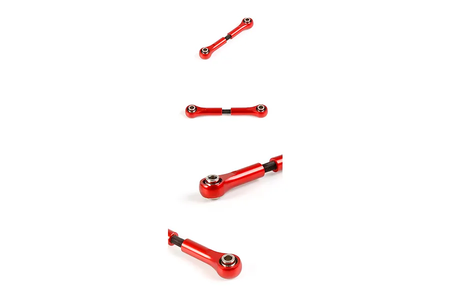 Four perspective views of a red anodized aluminium RC steering servo tie rod with metal ball ends on a white background.