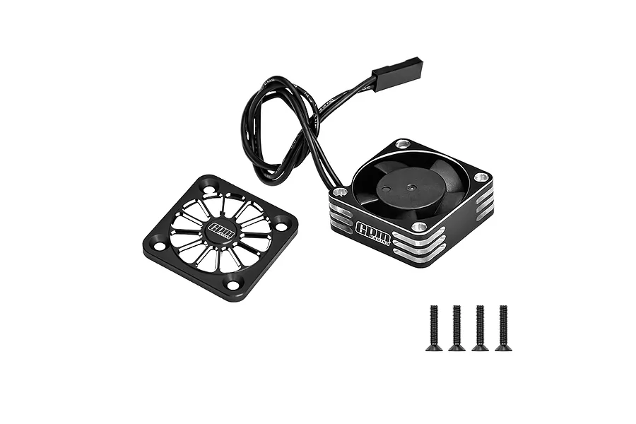 GPM aluminium high-speed cooling fan in black with a decorative fan cover and four screws against a white background.
