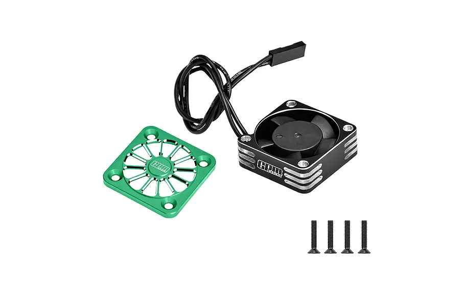 GPM aluminium high speed cooling fan in black and green with a protective cover, wire lead, and four mounting screws.