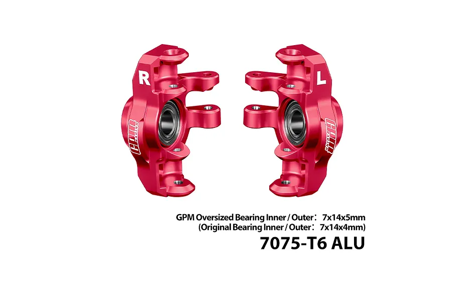 GPM Aluminium Steering Hubs in red with larger bearings, showing left and right pieces against a white background.