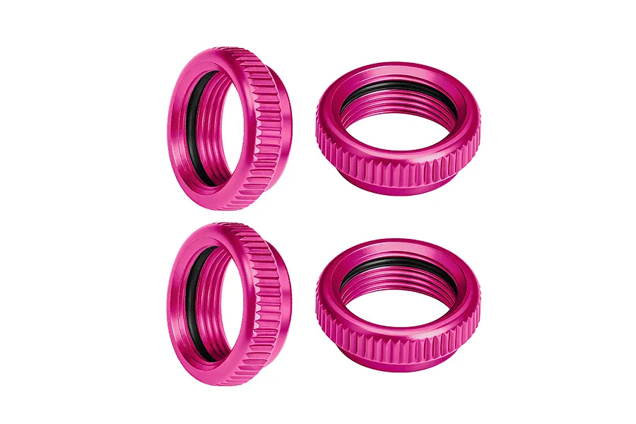 Four pink anodised aluminium shock collars with internal O-rings and ridged grip edges on a white background.