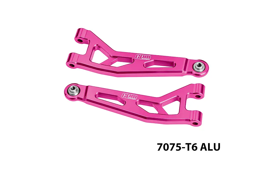 GPM aluminium front upper suspension arms in pink, shown as a set of two against a plain white background.