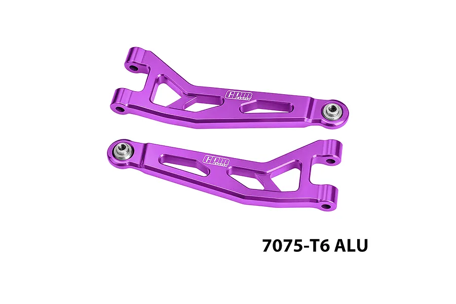 GPM aluminium front upper suspension arms in purple, presented on a plain white background with visible text indicating material.