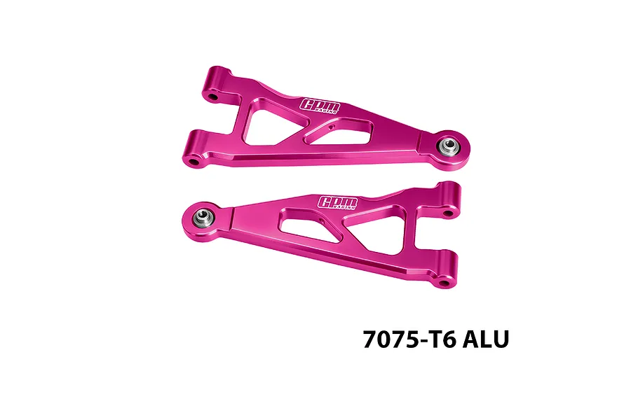 GPM Aluminium Front Lower Suspension Arms in pink, shown as a pair with GPM Racing branding and text 7075-T6 ALU in the corner.