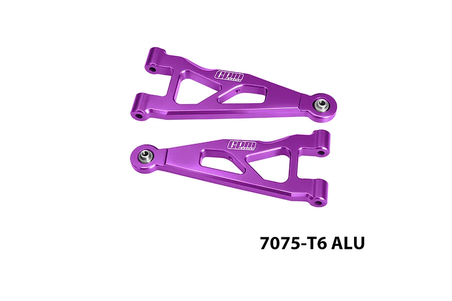 GPM aluminium front lower suspension arms in purple for RC cars, featuring machined cutouts and text markings against a plain background.