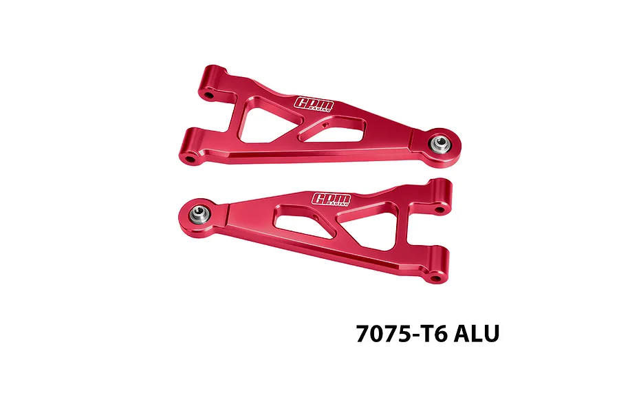 GPM aluminium front lower suspension arms in red, featuring metal construction and branded logos against a plain background.