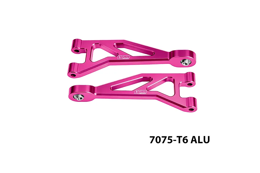 GPM aluminium rear upper suspension arms in pink, shown as a pair with metal inserts against a white background.