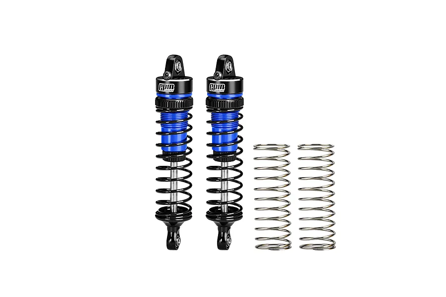 GPM Aluminium 74mm Rear Adjustable Shocks in blue and black, featuring two assembled shock absorbers and two spare springs against a white background.