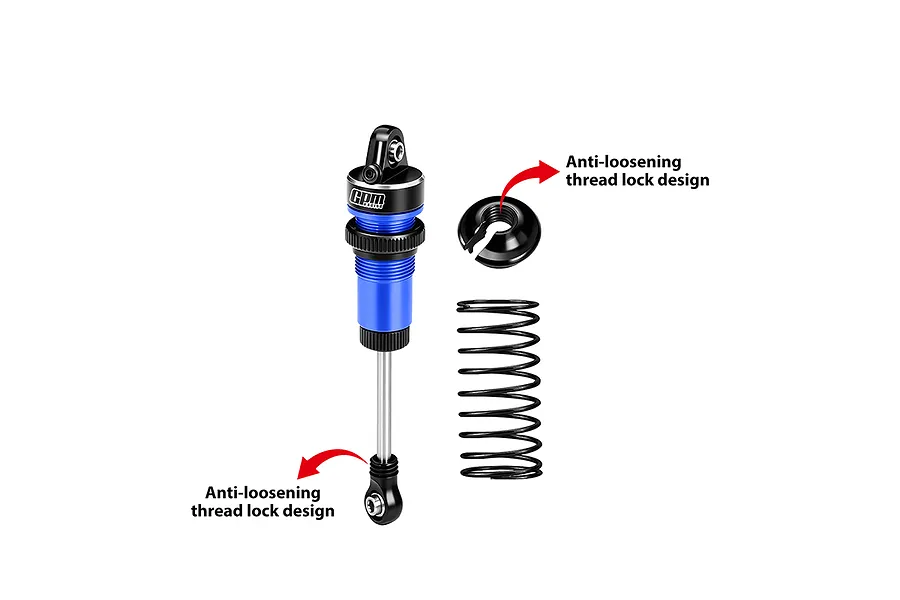 GPM Racing aluminium adjustable RC shock absorber components in blue and black with text callouts on a white background.