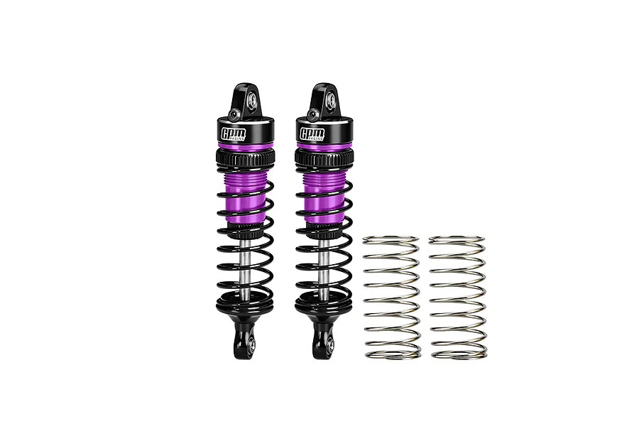 GPM Aluminium 62mm Front Adjustable Shocks in purple and black, with extra springs on a clean white background.