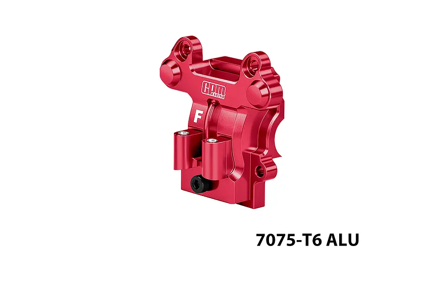 GPM Racing red anodized aluminium front differential cover with engraved logo and 7075-T6 ALU text on a white background.