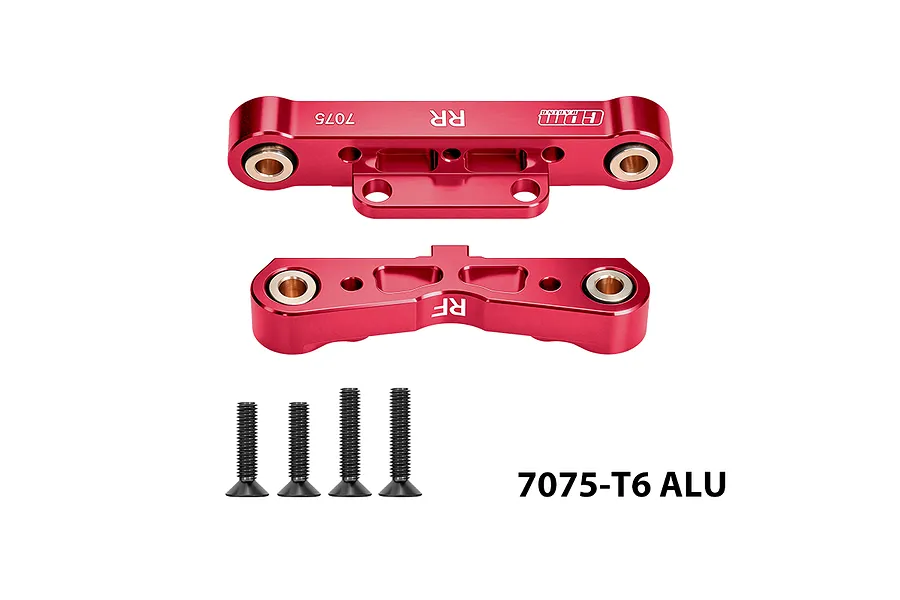 GPM red anodised aluminium rear lower suspension arm pin braces with mounting screws displayed on a white background.