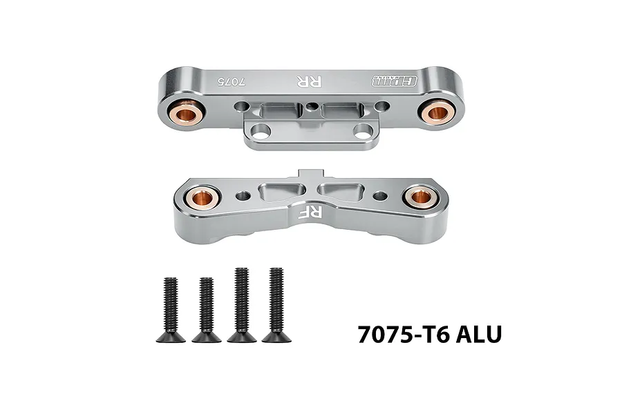 GPM aluminium rear lower suspension arm pin braces in silver with brass inserts and four mounting screws.