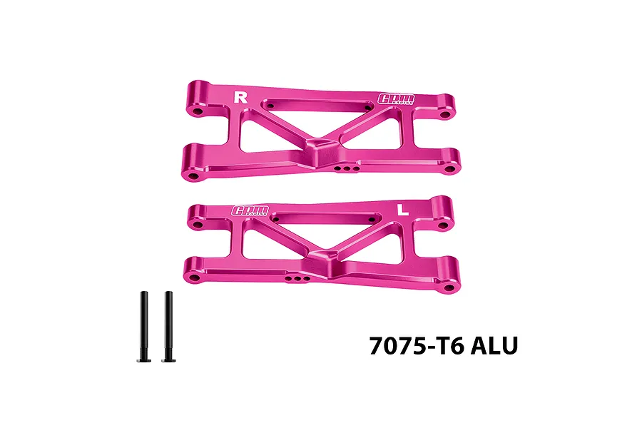 Two pink aluminium rear lower suspension arms with GPM branding, two pins, and text reading 7075-T6 ALU on a white background.