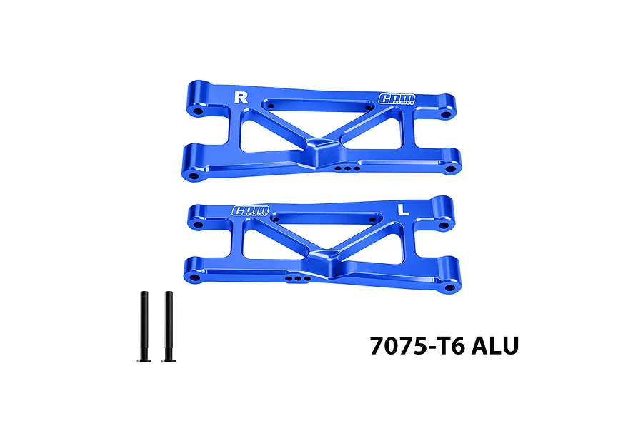 GPM aluminium blue rear lower suspension arms set of two with two mounting pins and 7075-T6 ALU text on a plain white background.