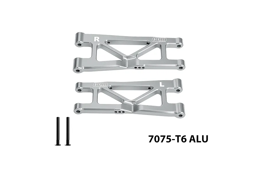 GPM aluminium silver rear lower suspension arms and two pins against a clean white background.