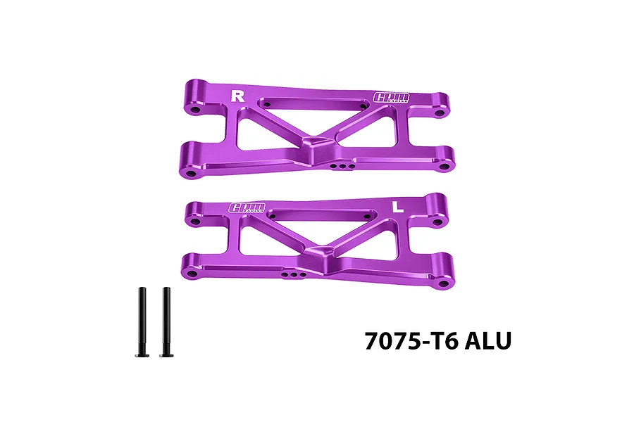 Two purple anodized aluminium rear lower suspension arms with mounting pins and GPM Racing branding against a white background.
