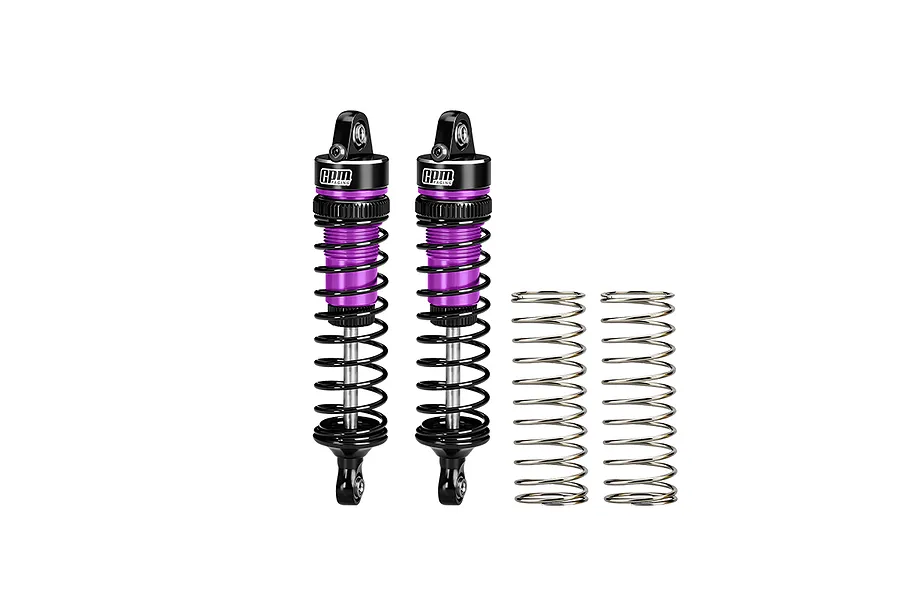 GPM Aluminium 74mm Rear Adjustable Shocks in purple and black, with extra springs on a white background.