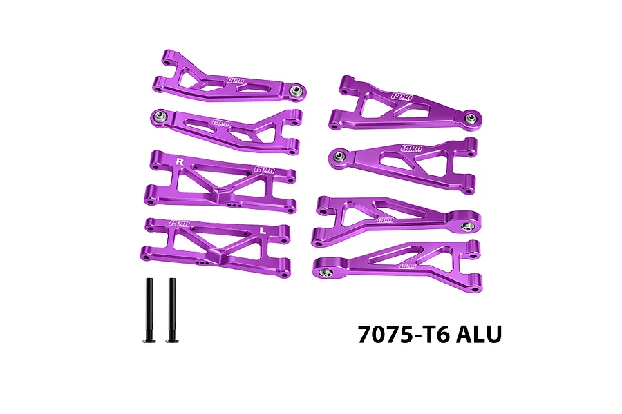 GPM Racing purple anodised aluminium suspension arm set laid out on a white background with two hinge pins and text reading 7075-T6 ALU.