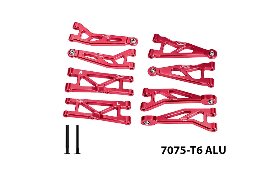 GPM red anodised aluminium suspension arm set laid out on a plain white background with two mounting pins and text reading 7075-T6 ALU.