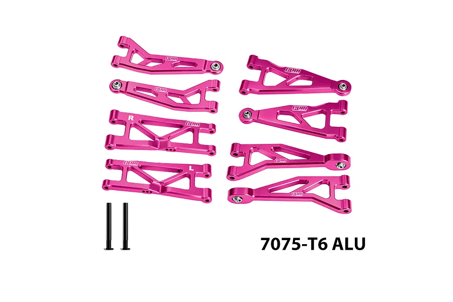 GPM pink aluminium complete suspension arm set with pins and GPM Racing branding against a white background.