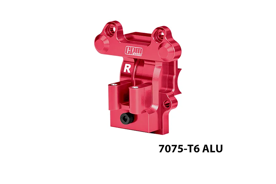 GPM Racing red anodized aluminium rear differential cover showing engraved branding and mounting hardware against a white background.